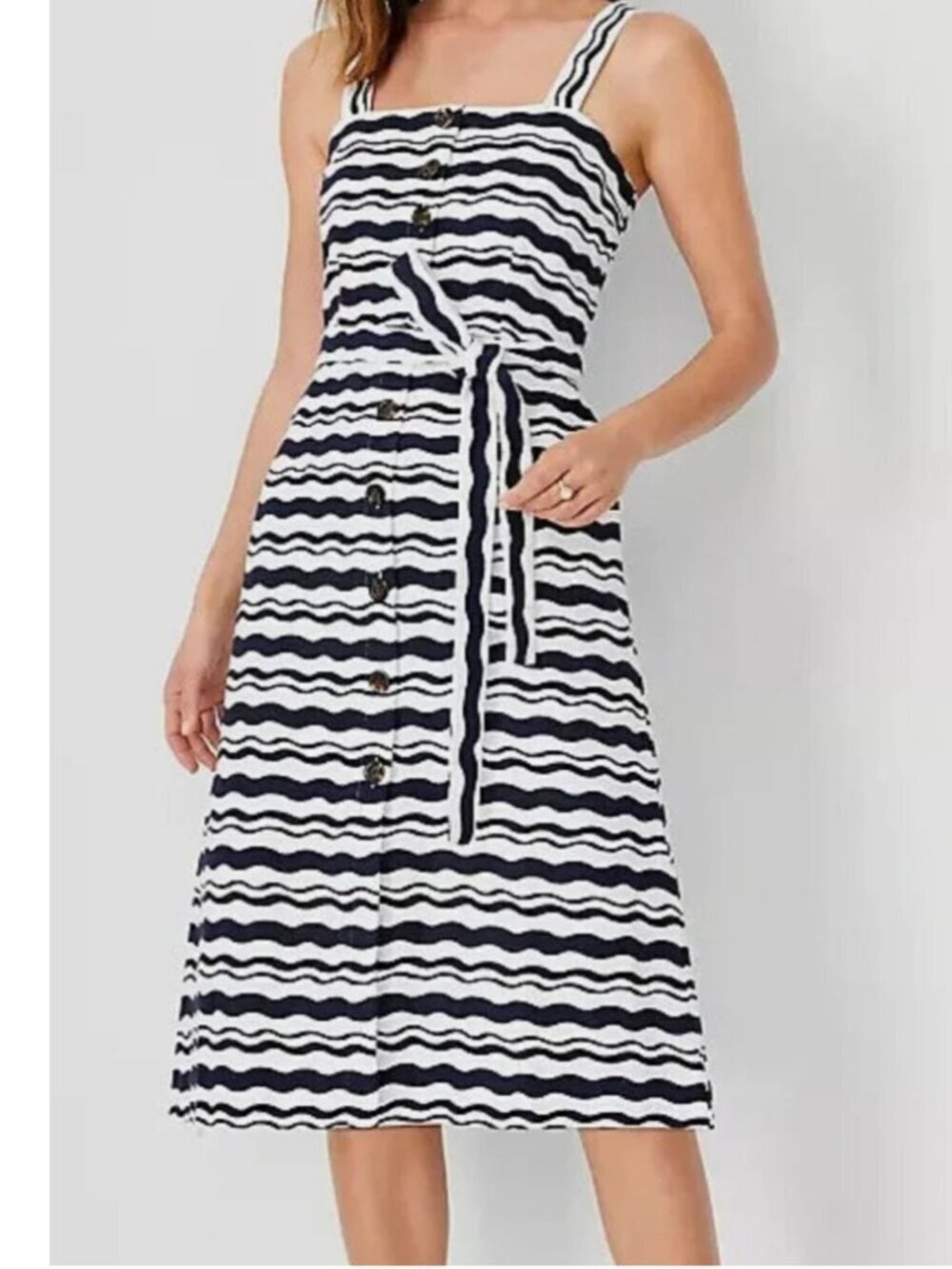 Ann Taylor Dress Sz L Blue White Stripes Pockets Coastal Casual Summer NEW